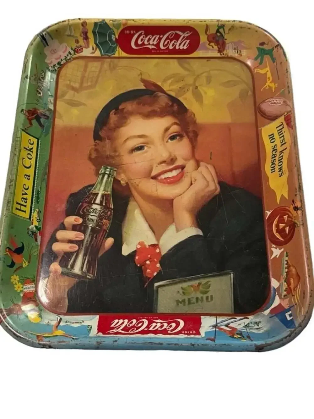 Vintage 1950s Coca-Cola Menu Girl Thirst Knows No Season Metal Advertising Tray
